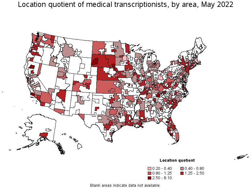 Map of location quotient of medical transcriptionists by area, May 2022