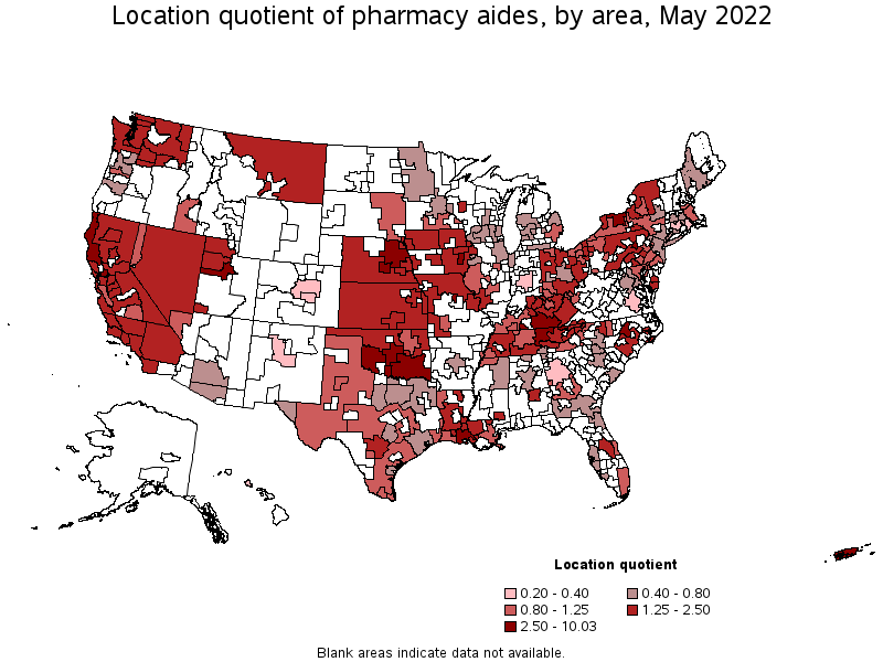 Map of location quotient of pharmacy aides by area, May 2022