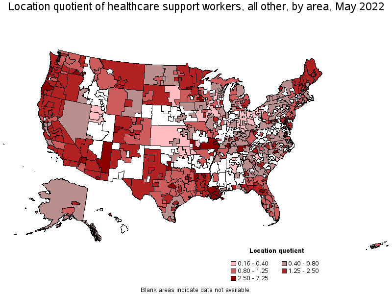 Map of location quotient of healthcare support workers, all other by area, May 2022