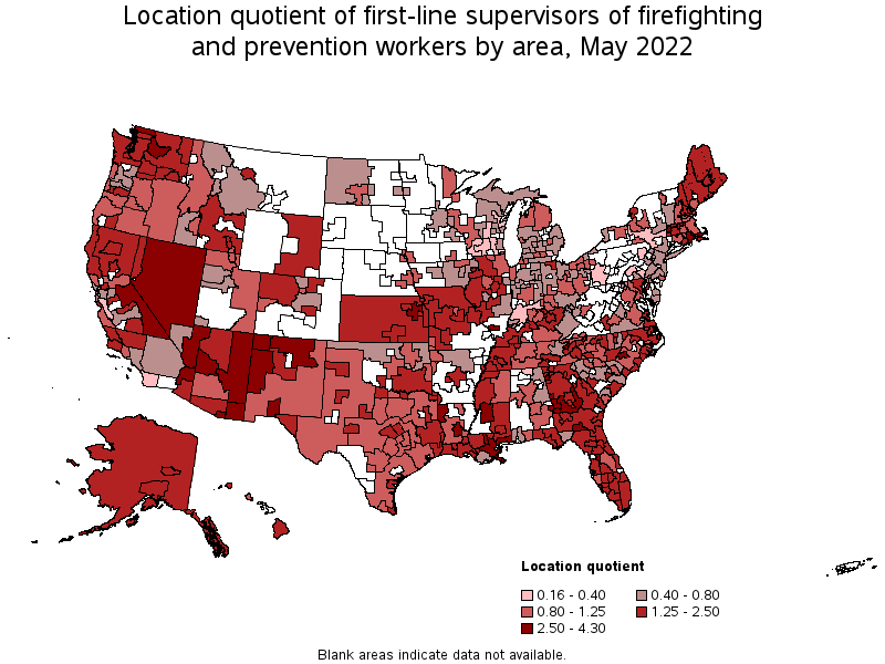 Map of location quotient of first-line supervisors of firefighting and prevention workers by area, May 2022