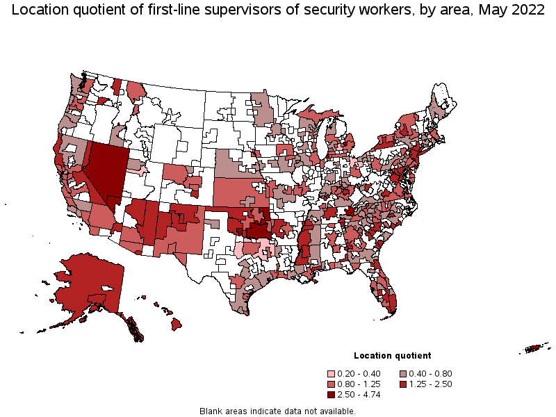 Map of location quotient of first-line supervisors of security workers by area, May 2022