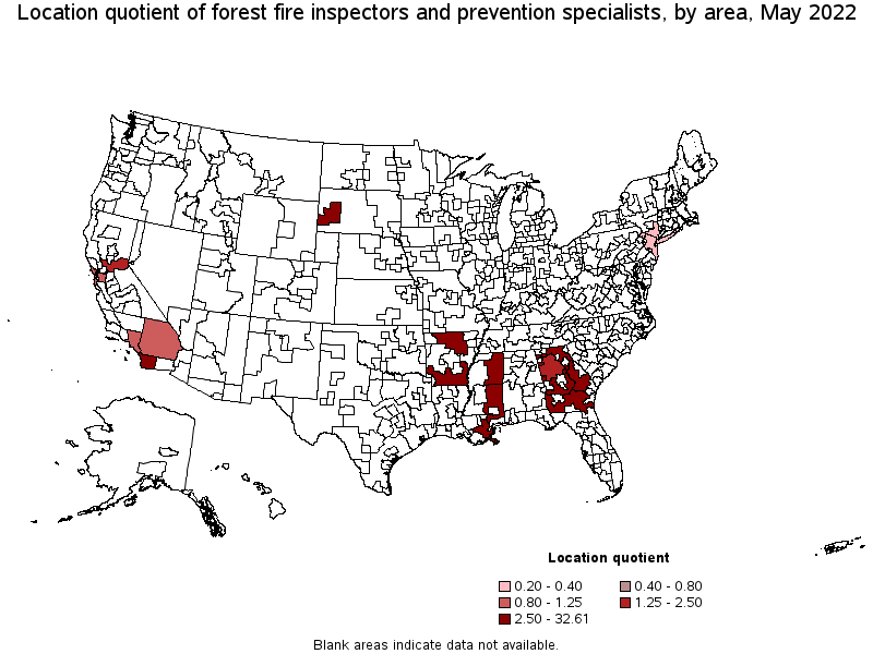 Map of location quotient of forest fire inspectors and prevention specialists by area, May 2022