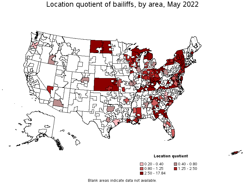 Map of location quotient of bailiffs by area, May 2022