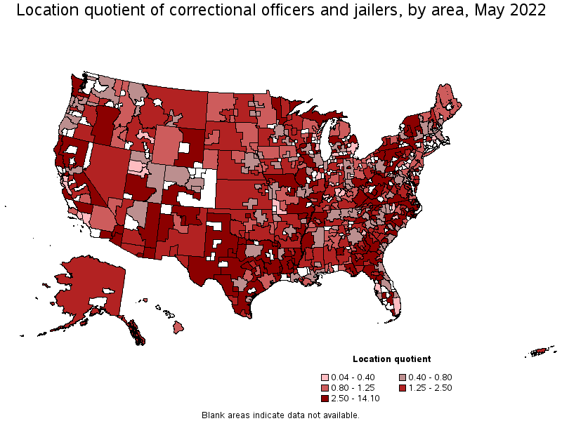 Map of location quotient of correctional officers and jailers by area, May 2022