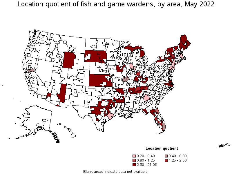 Map of location quotient of fish and game wardens by area, May 2022