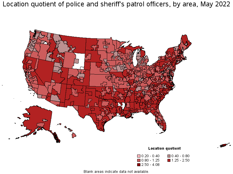 Map of location quotient of police and sheriff's patrol officers by area, May 2022