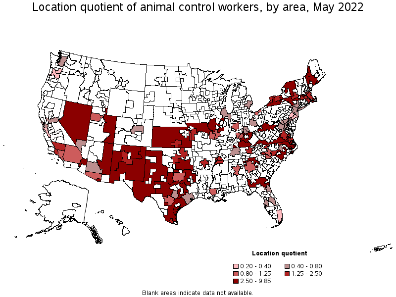 Map of location quotient of animal control workers by area, May 2022