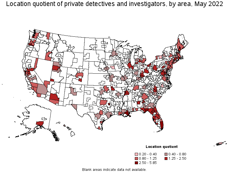 Map of location quotient of private detectives and investigators by area, May 2022
