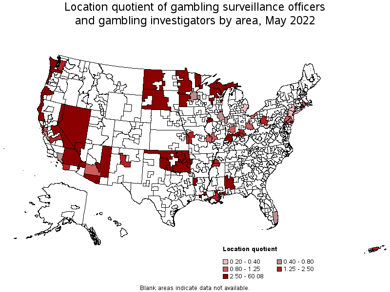 Map of location quotient of gambling surveillance officers and gambling investigators by area, May 2022