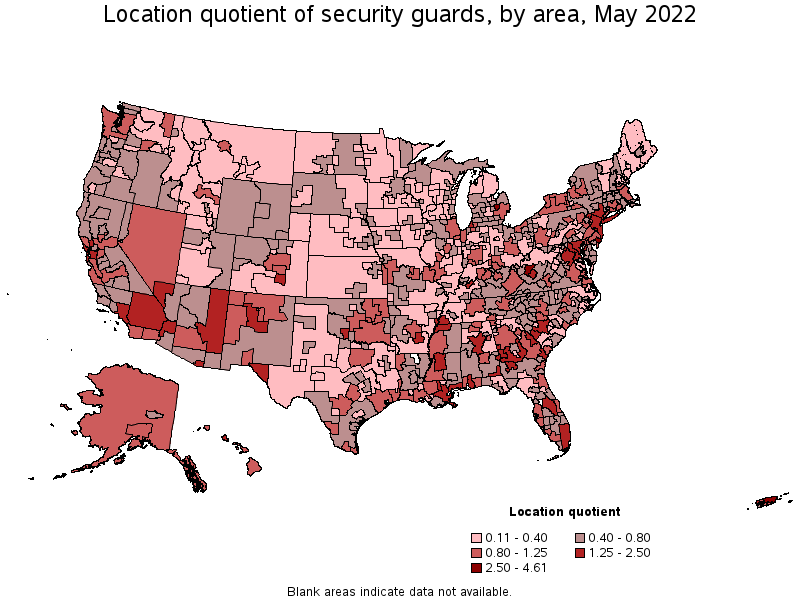 Map of location quotient of security guards by area, May 2022