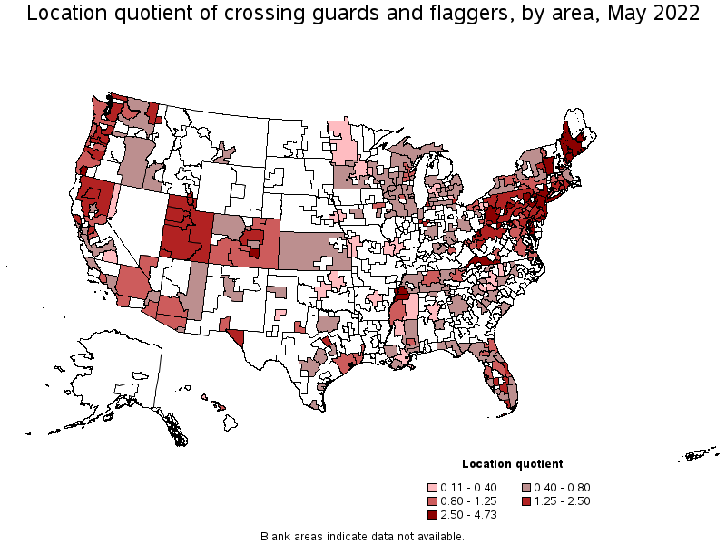 Map of location quotient of crossing guards and flaggers by area, May 2022