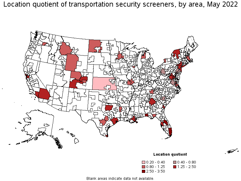 Map of location quotient of transportation security screeners by area, May 2022
