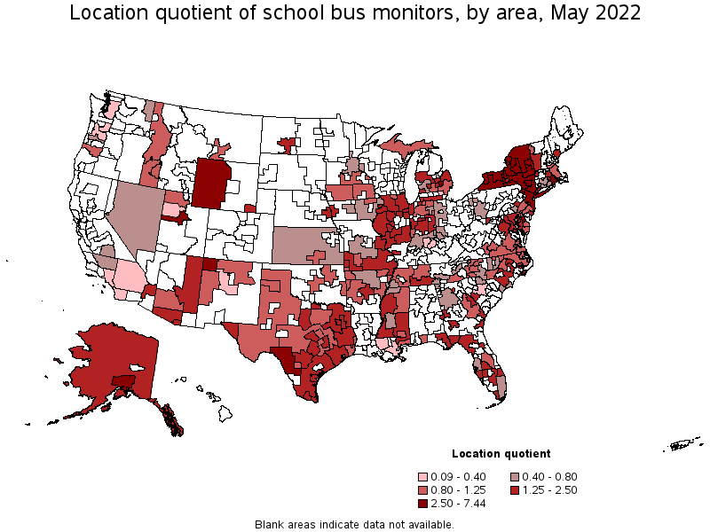 Map of location quotient of school bus monitors by area, May 2022