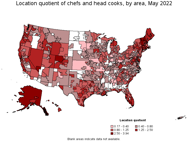 Map of location quotient of chefs and head cooks by area, May 2022