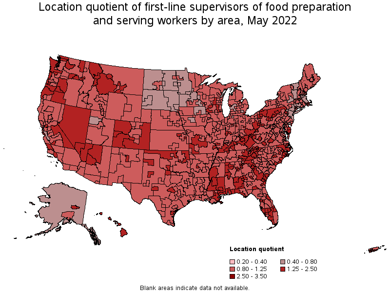 Map of location quotient of first-line supervisors of food preparation and serving workers by area, May 2022