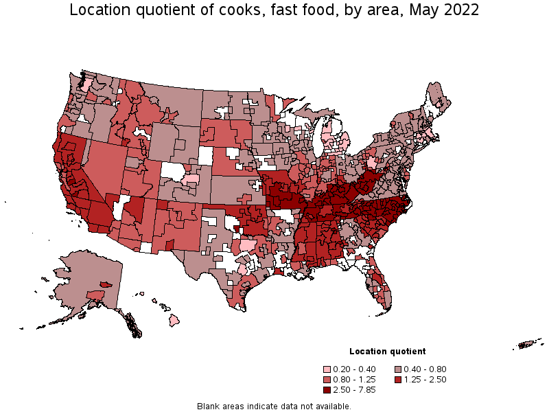 Map of location quotient of cooks, fast food by area, May 2022