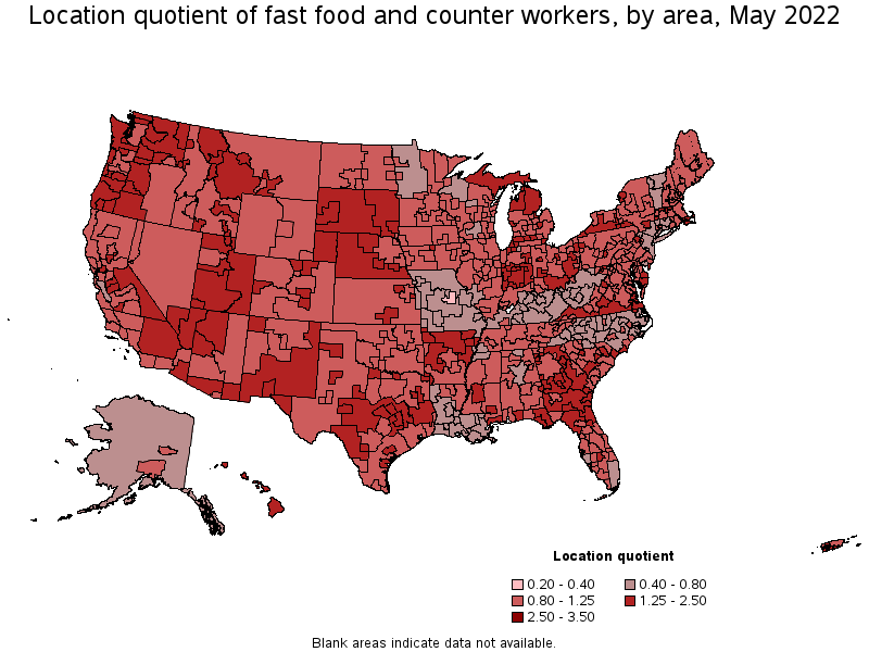 Map of location quotient of fast food and counter workers by area, May 2022