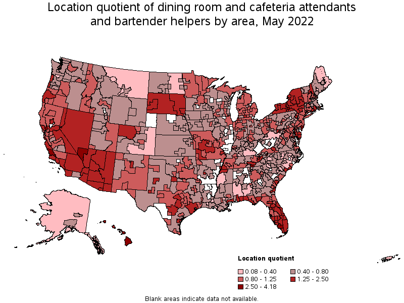 Map of location quotient of dining room and cafeteria attendants and bartender helpers by area, May 2022