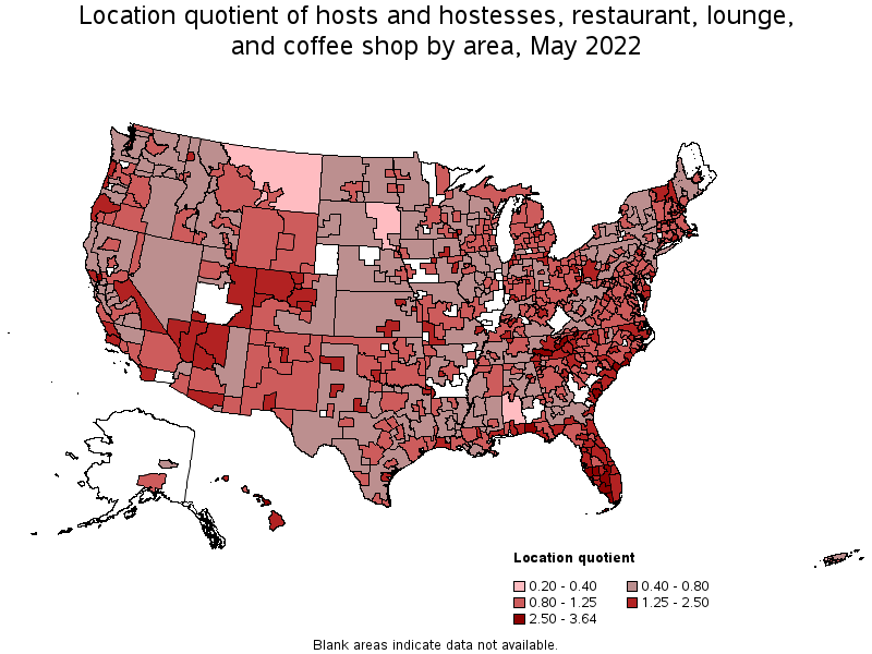 Map of location quotient of hosts and hostesses, restaurant, lounge, and coffee shop by area, May 2022