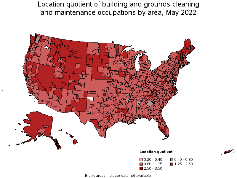 Map of location quotient of building and grounds cleaning and maintenance occupations by area, May 2022