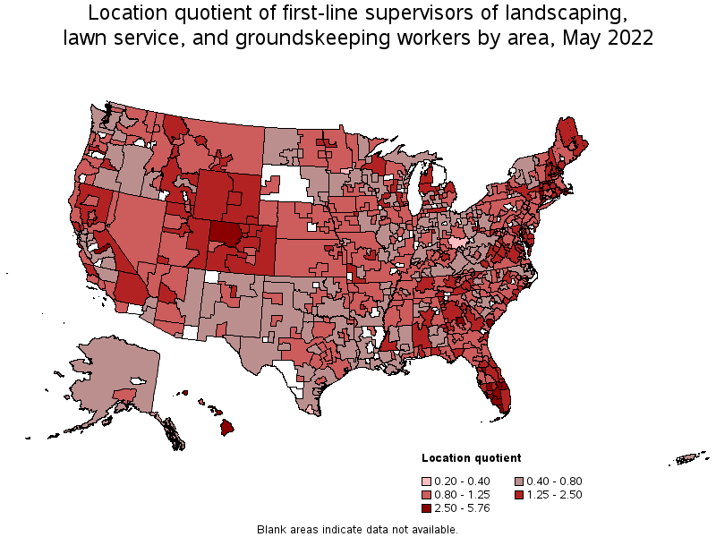 Map of location quotient of first-line supervisors of landscaping, lawn service, and groundskeeping workers by area, May 2022