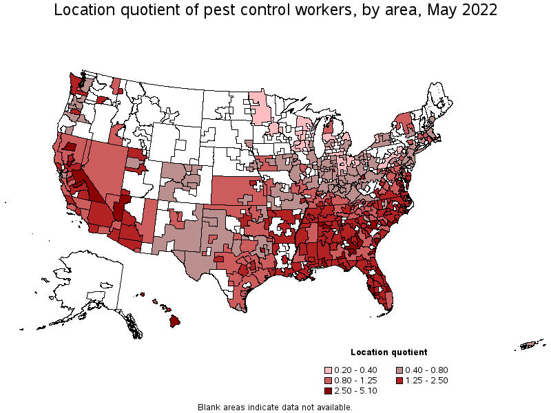 Map of location quotient of pest control workers by area, May 2022
