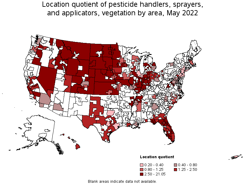 Map of location quotient of pesticide handlers, sprayers, and applicators, vegetation by area, May 2022