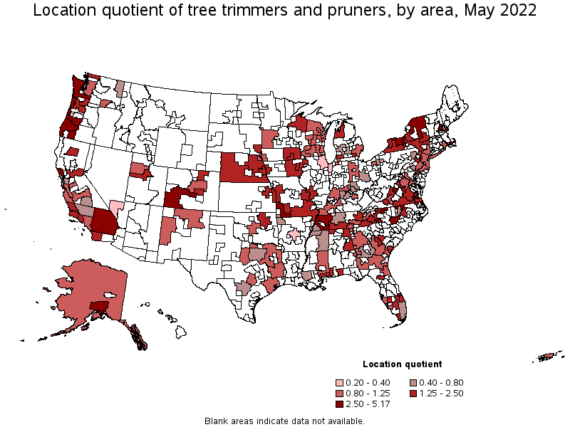 Map of location quotient of tree trimmers and pruners by area, May 2022