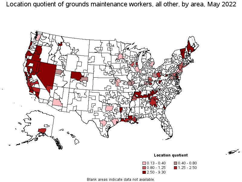 Map of location quotient of grounds maintenance workers, all other by area, May 2022