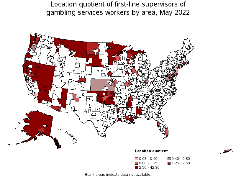 Map of location quotient of first-line supervisors of gambling services workers by area, May 2022