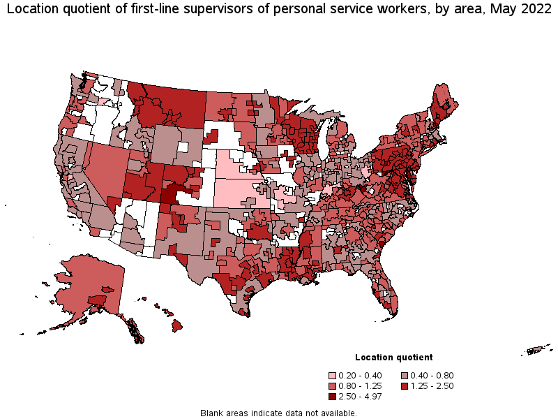 Map of location quotient of first-line supervisors of personal service workers by area, May 2022