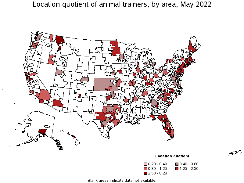 Map of location quotient of animal trainers by area, May 2022