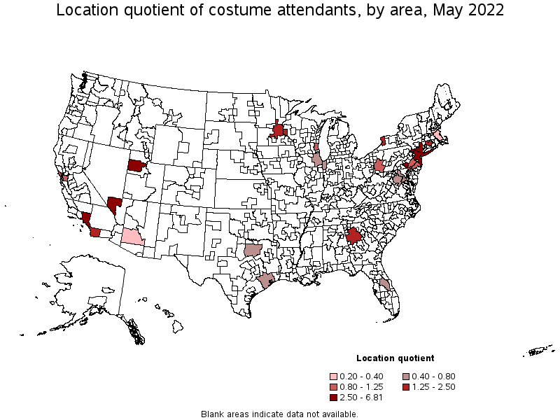 Map of location quotient of costume attendants by area, May 2022