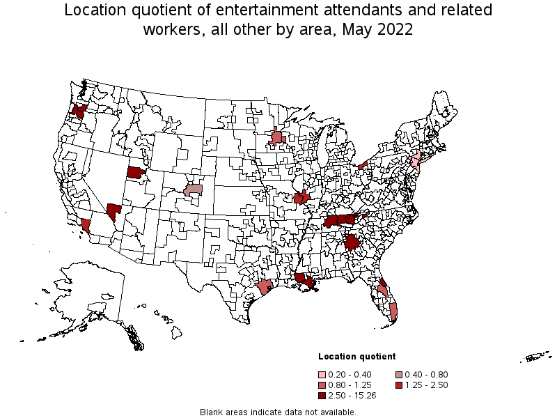 Map of location quotient of entertainment attendants and related workers, all other by area, May 2022