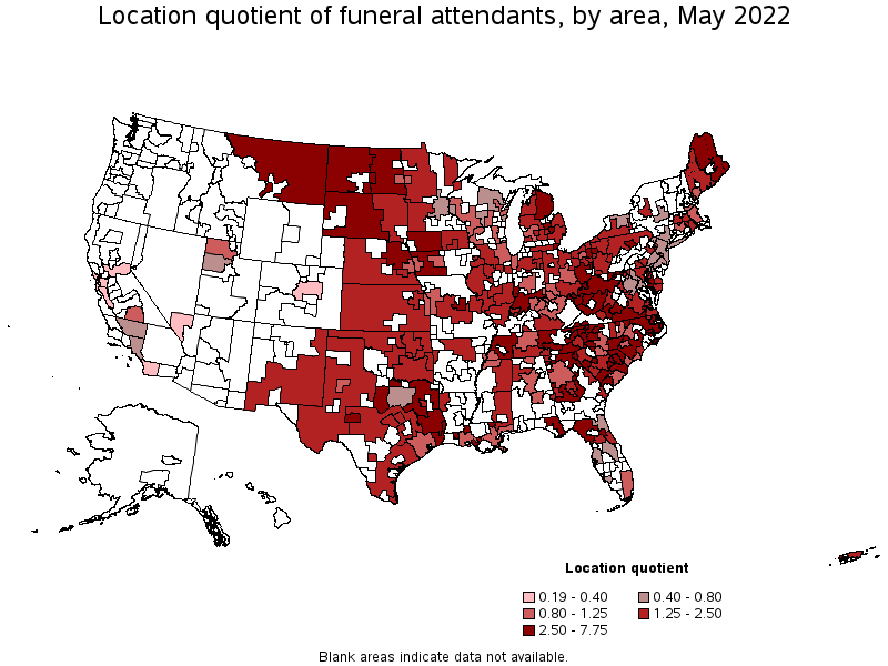 Map of location quotient of funeral attendants by area, May 2022