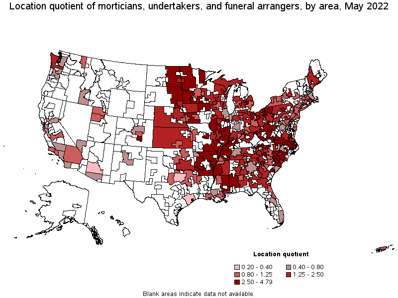 Map of location quotient of morticians, undertakers, and funeral arrangers by area, May 2022