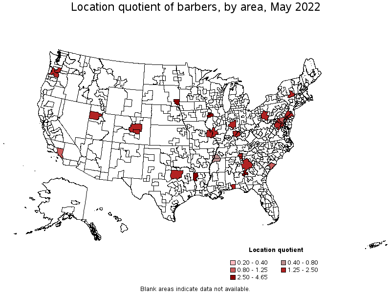 Map of location quotient of barbers by area, May 2022