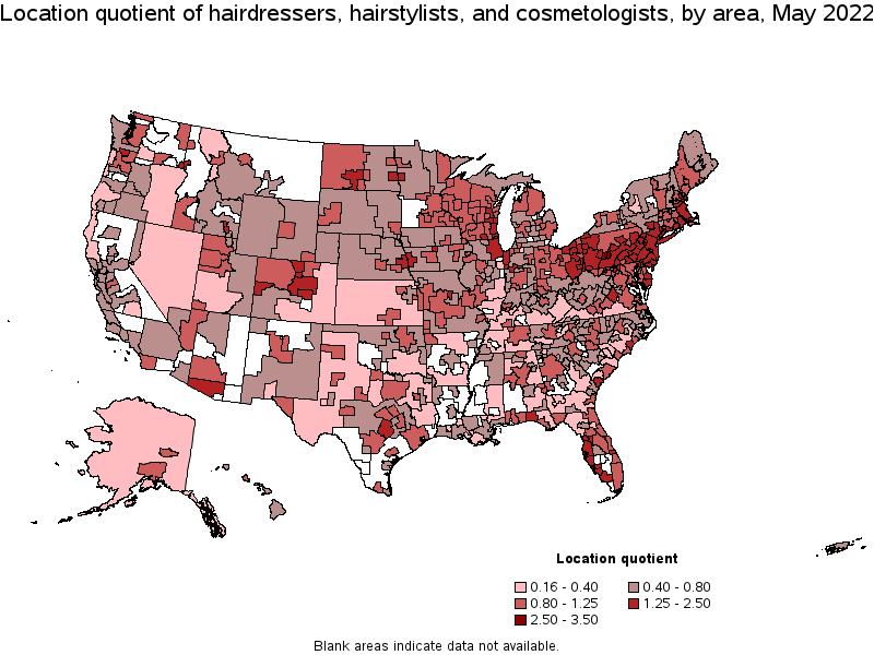 Map of location quotient of hairdressers, hairstylists, and cosmetologists by area, May 2022