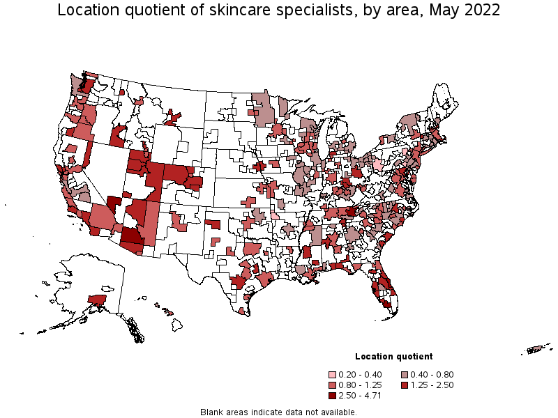 Map of location quotient of skincare specialists by area, May 2022