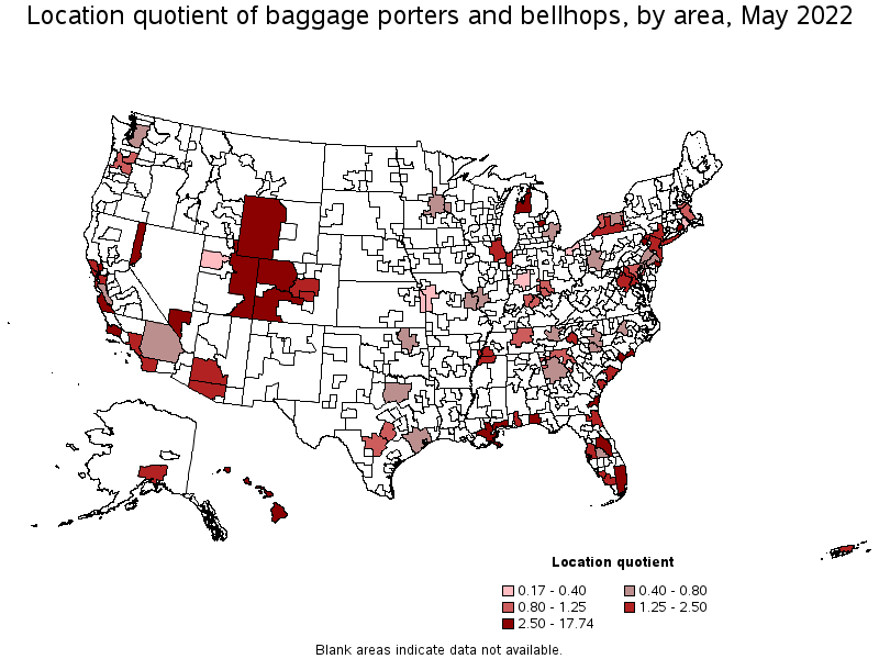 Map of location quotient of baggage porters and bellhops by area, May 2022