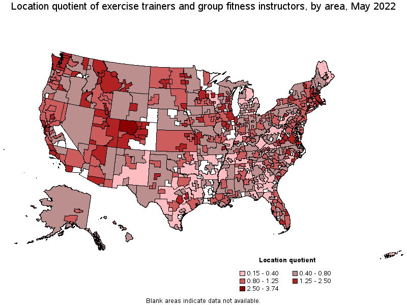 Map of location quotient of exercise trainers and group fitness instructors by area, May 2022