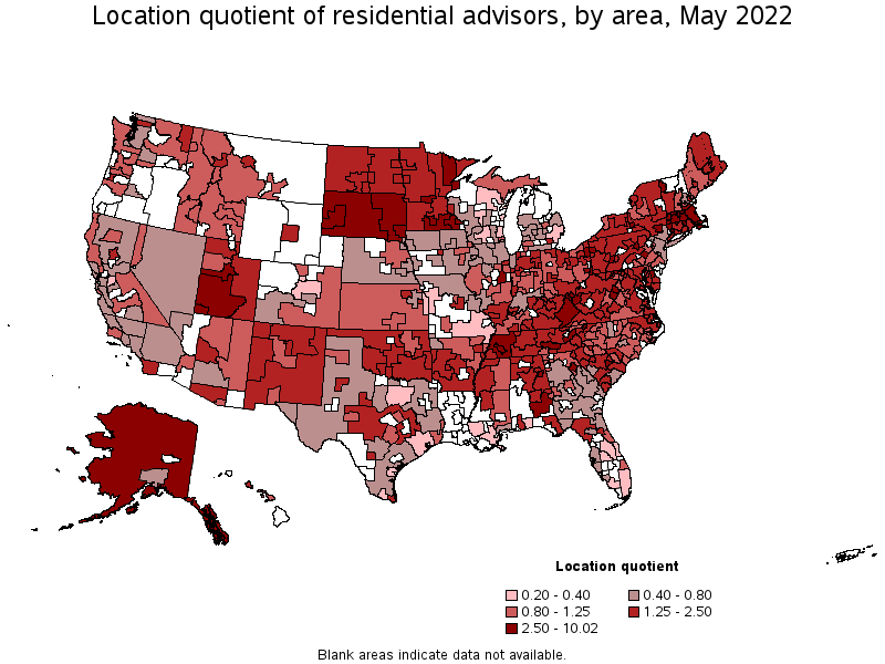 Map of location quotient of residential advisors by area, May 2022