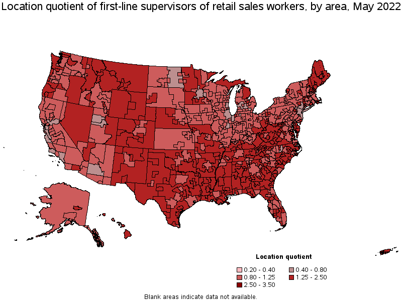 Map of location quotient of first-line supervisors of retail sales workers by area, May 2022
