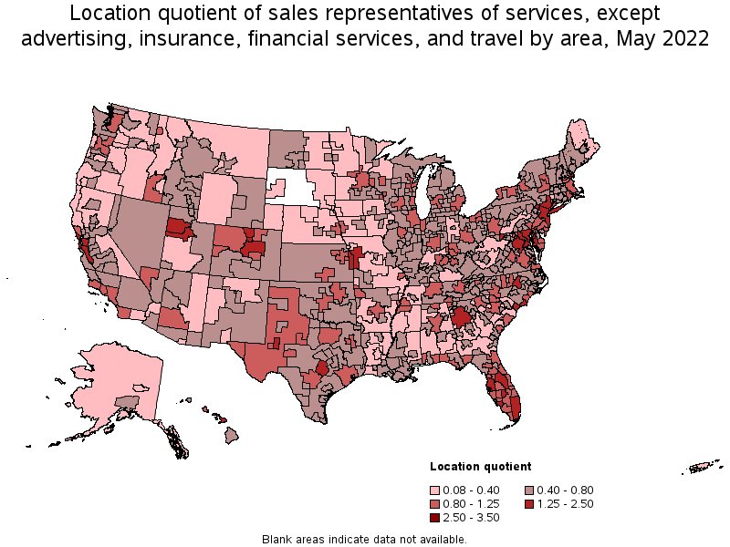Map of location quotient of sales representatives of services, except advertising, insurance, financial services, and travel by area, May 2022