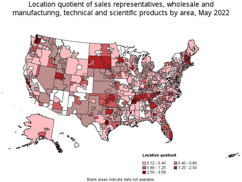 Map of location quotient of sales representatives, wholesale and manufacturing, technical and scientific products by area, May 2022