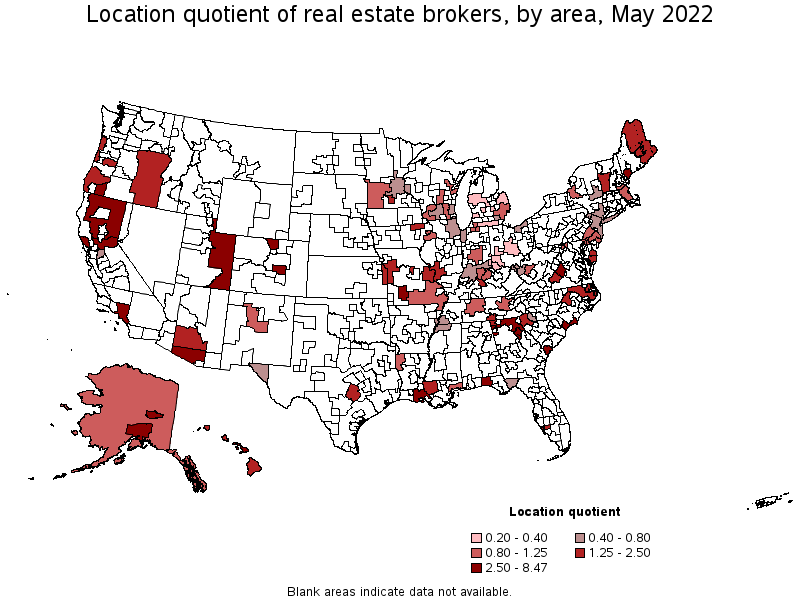 Map of location quotient of real estate brokers by area, May 2022