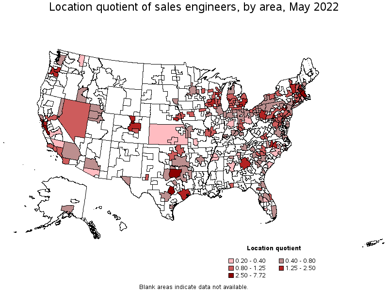 Map of location quotient of sales engineers by area, May 2022