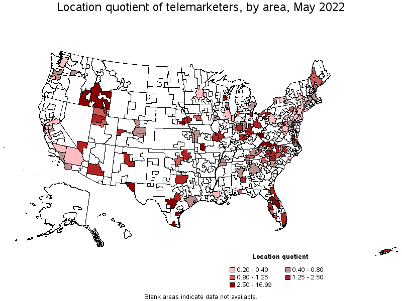 Map of location quotient of telemarketers by area, May 2022