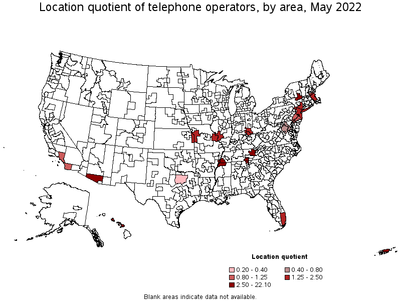 Map of location quotient of telephone operators by area, May 2022