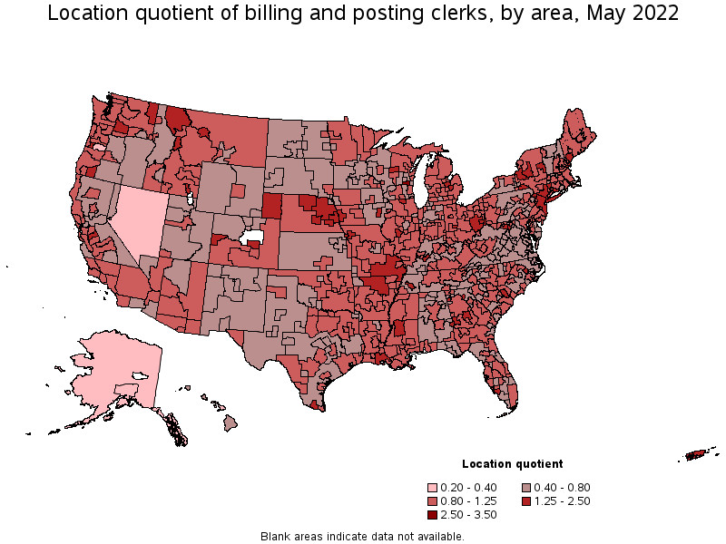 Map of location quotient of billing and posting clerks by area, May 2022